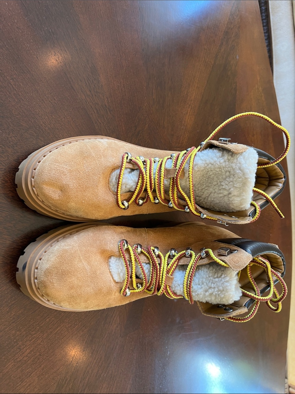 Marc Fisher Tan Suede Lace-Up Shearling Boots